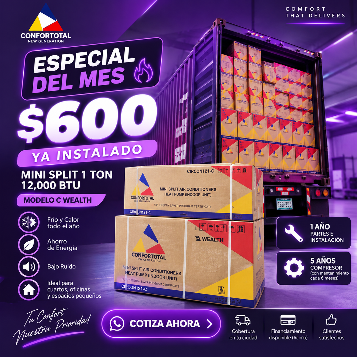 Mini Split Confortotal 1 Ton / 12,000 BTU – Frío y Calor – Con instalación